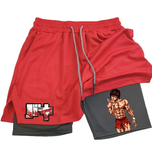 Pantaloncini da palestra Anime Hanma Baki neri per uomo 2 in1 mesh asciugatura rapida pantaloncini da tavola - Foto 8 di 46