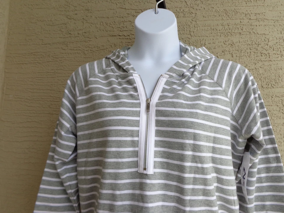 NUEVO CON ETIQUETAS $79 precio de venta sugerido por el fabricante ANNE KLEIN SPORT CON CAPUCHA 3/4 CREMALLERA FRANCÉS TRERRY TOP RAYAS GRISES S Foto 3 de 4