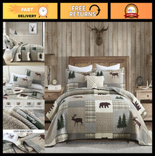 King Size Quilt Set - 100 Cotton Lightweight Plaid Bedding, Reversible Forest P