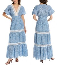 Elie Tahari Blue White Lace Eyelet Tiered Empire Waist Prairie Maxi Dress 12 New