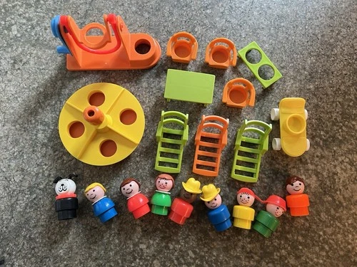 Vintage Lot of 20 Fisher Price Little People Figures, Playground, Furniture