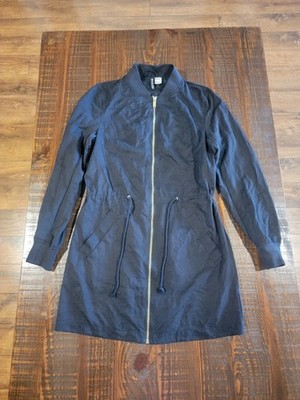 H&M DIVIDED Longline Zip Bomber Jacket Black Womens Size 4 Cinch Tie Waist GUC