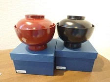 Echizen Lacquerware Zoni Bowls Set 2, Red & Black, with Box, New/Unused