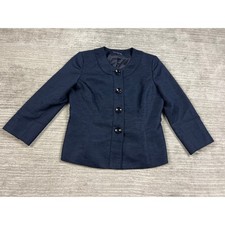 Evan-Picone Blazer Women 8 Navy Blue Textured Collarless Button Front 3/4 Sleeve
