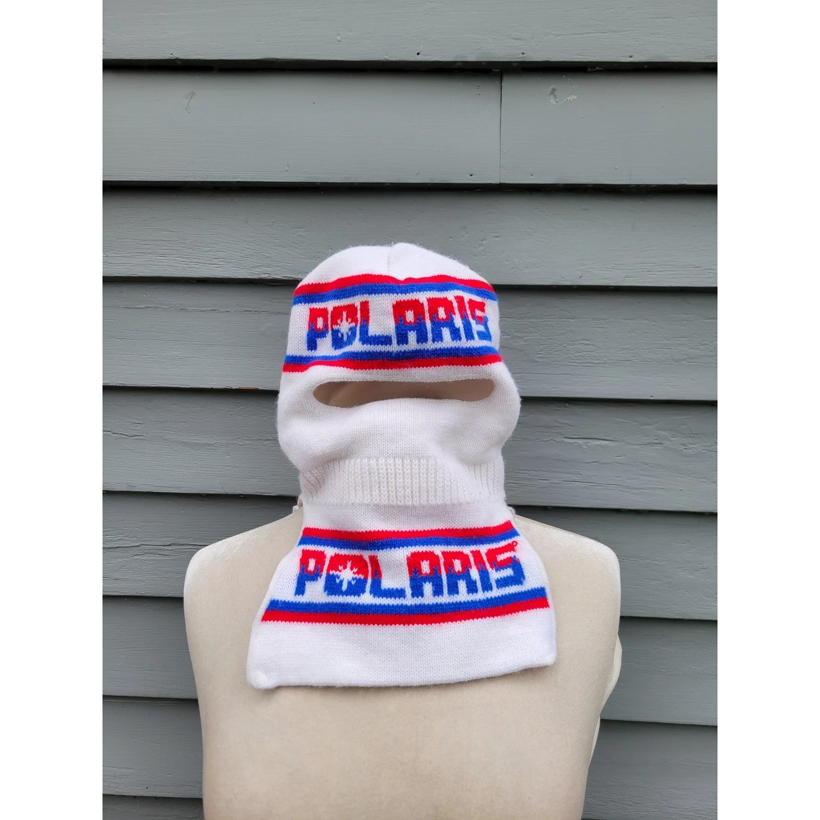 Polaris Balaclava Face Mask White Red Blue Vintage Snowmobile Knit USA OSFM