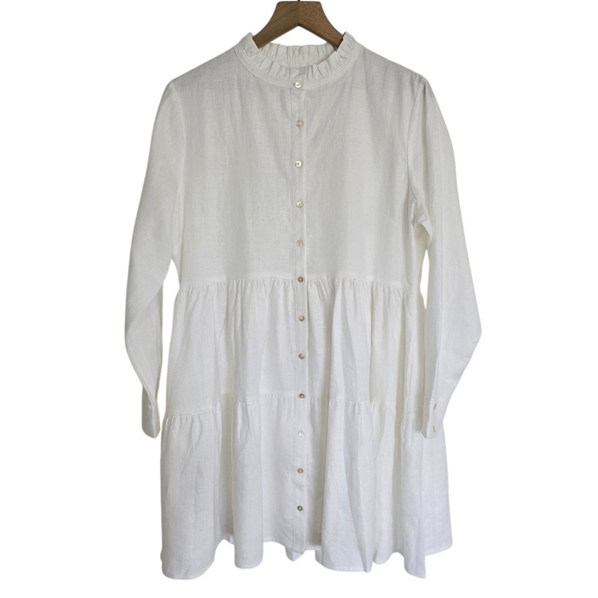 Alice Walk White Linen Tiered Mini Dress Band Collar Size L NWT | eBay