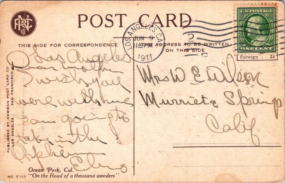 UNITED STATES 1911 PICT COLOR POSTCARD OCEAN PARK CALIFORNIA CANC LOS ANGELES CA - Image 2 of 2