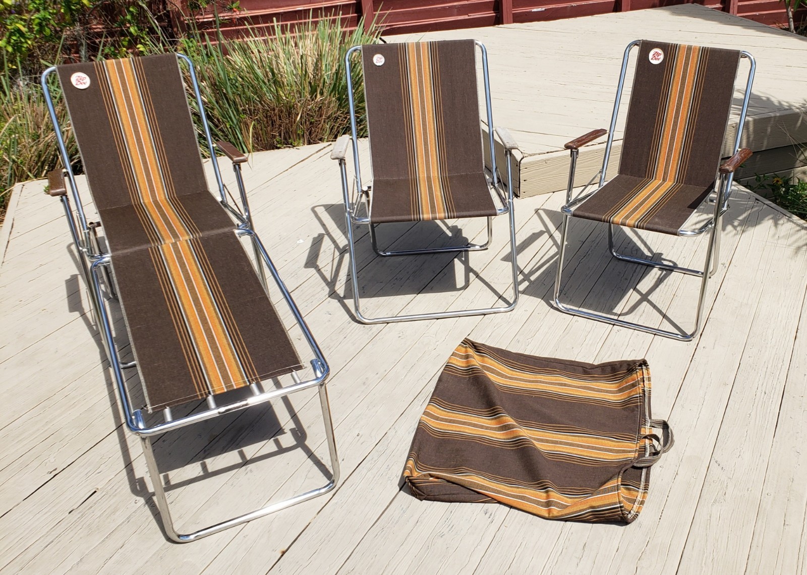 3 Zip Dee Vintage Brown Striped Lawn Chairs MCM Airstream Retro Camping RV
