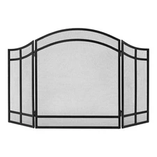 3-Panel Fireplace Screen 27.95"x38" Black Steel Folding Spark Guard, See-Through