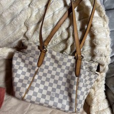 Louis Vuitton Damier Azur Tote Bag White Gray Leather Authentic