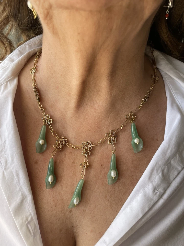 Collana in giada e perle naturali realizzate in argento - Immagine 3 di 4