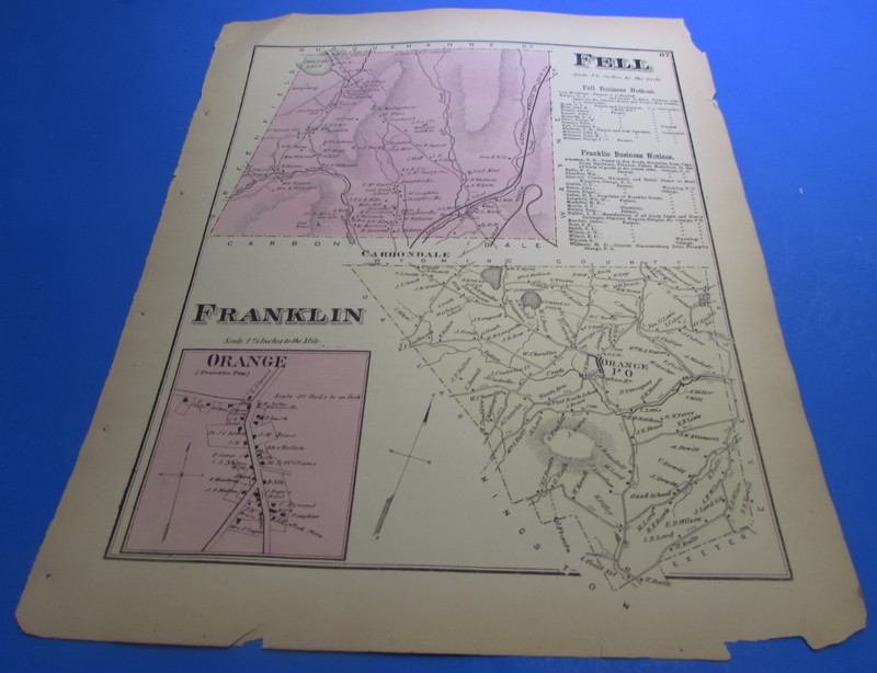 1873 FRANKLIN / FELL  TWP PA - ORIGINAL MAP  - A. POMEROY - VG