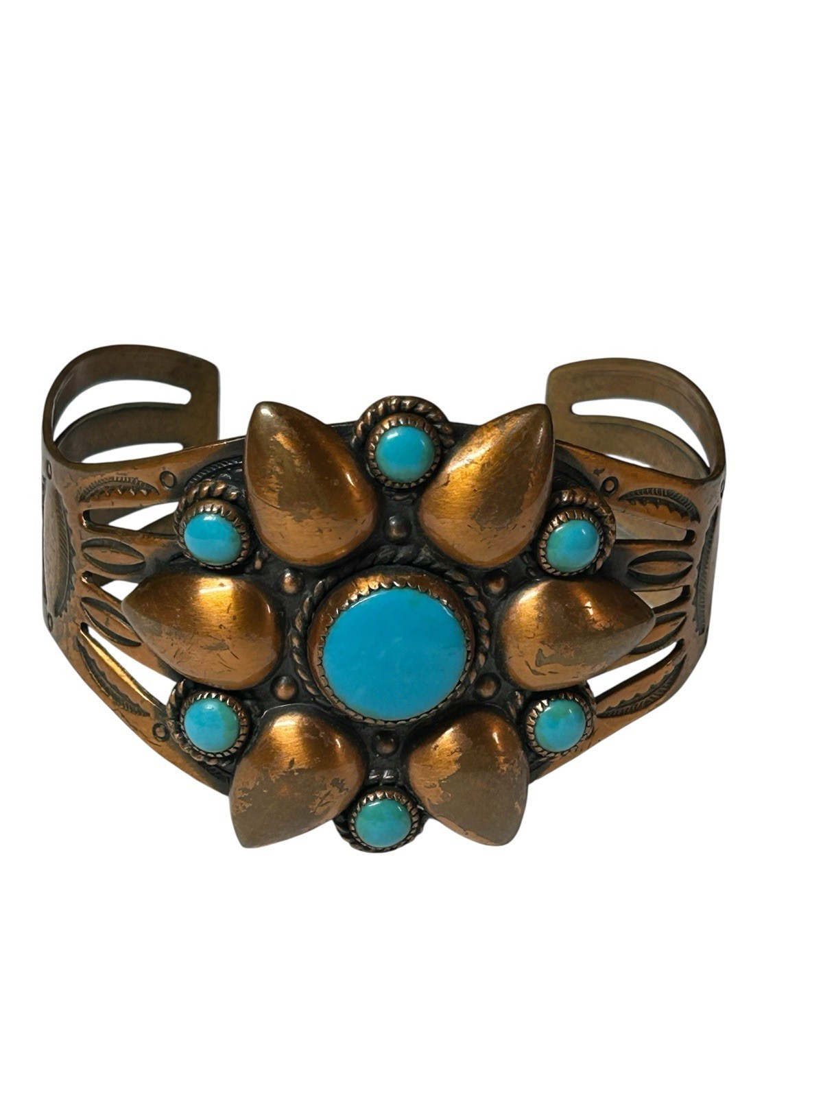 Vintage Solid Copper Turquoise Cluster Cuff Brace… - image 3