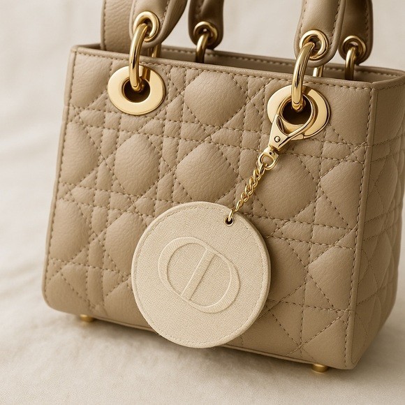 Christian Dior Beige Canvas Round Mirror Keychain Bag Charm