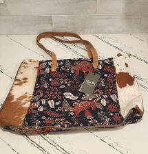 Myra Bag “Susannah” Tote Leather Upcycled Canvas Cowhide New