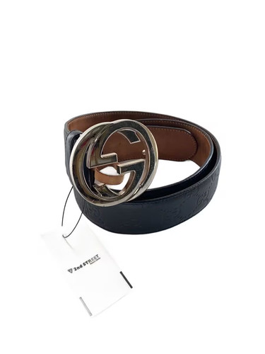 GUCCI Interlocking GG Belt, Black Leather, All-Over Print, Men's, 411924 (Interi