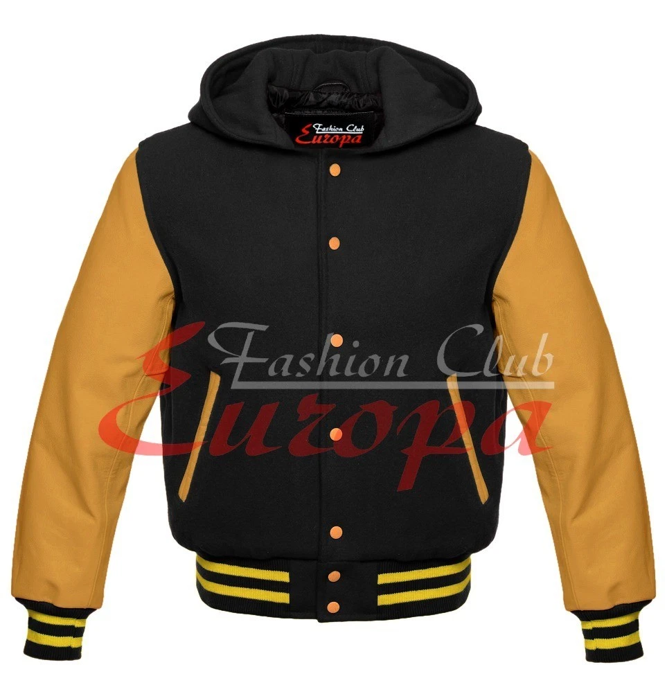 Unisex Wool Varsity Hoodie Jacket Leather Sleeve College Letterman Jacket