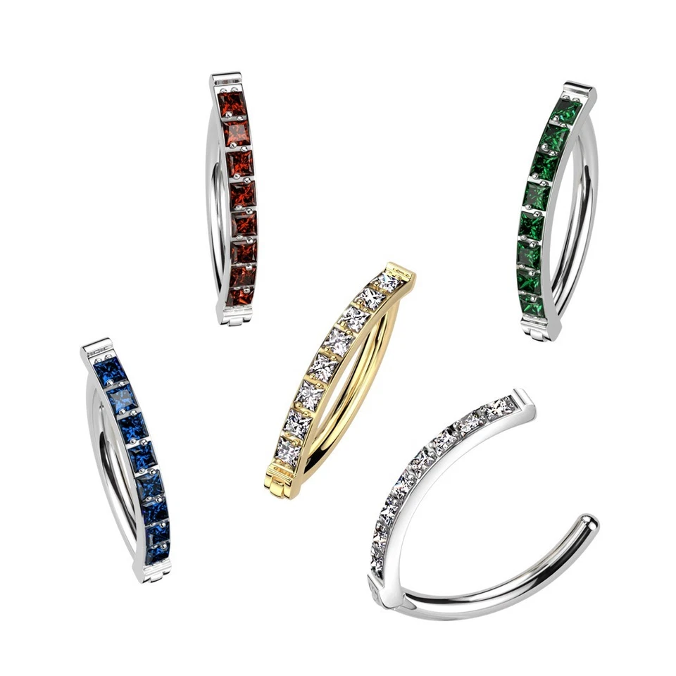 Anillo de ombligo clicker con bisagras de titanio cuadrado circonita cúbica aro ombligo inverso 3/8" Foto 2 de 4