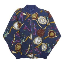 Giacca Bomber Donna Blu Navy Stampata Retro Tessuto Con Zip Taglia L