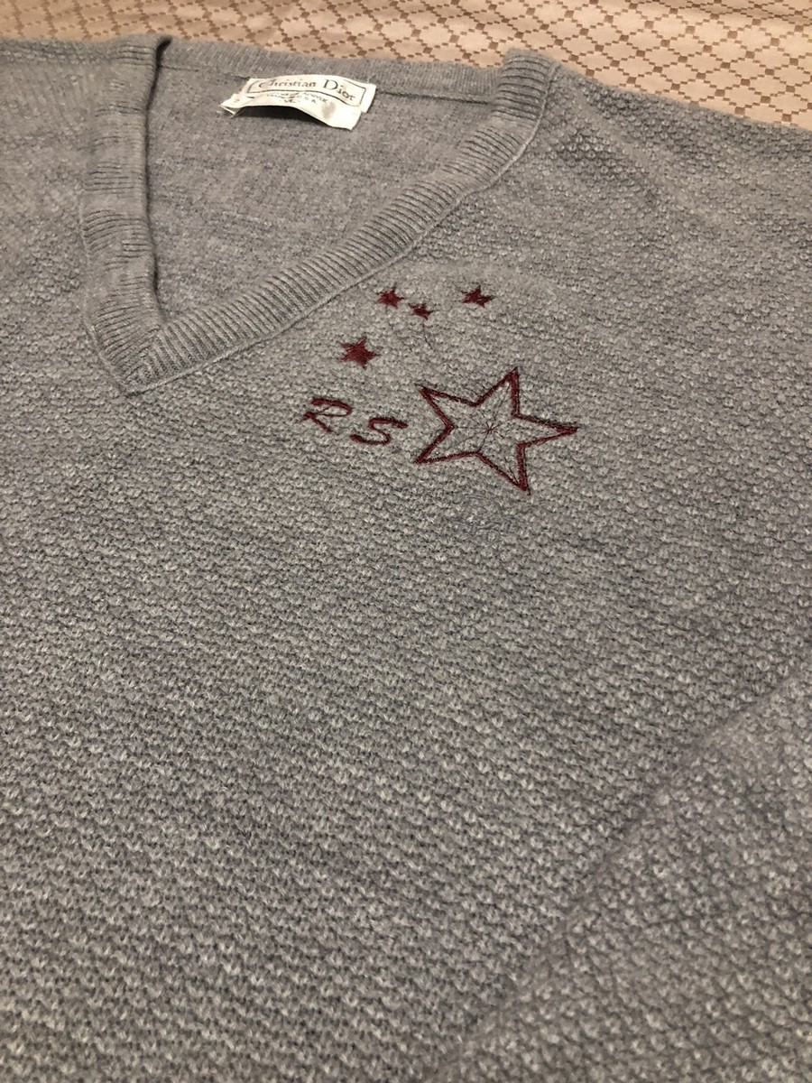 Christian Dior Mens Vintage V-Neck Gray Sweater Red Stars Size
