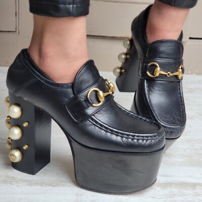Gucci Vegas Horsebit Schwarz Leder Plateau Halbschuhe Schuhe Heels EU 35 UK 2 882£