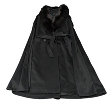 Gemini Cape Coat Vintage Size Large Black Fox Fur Wool Double Breast Belt