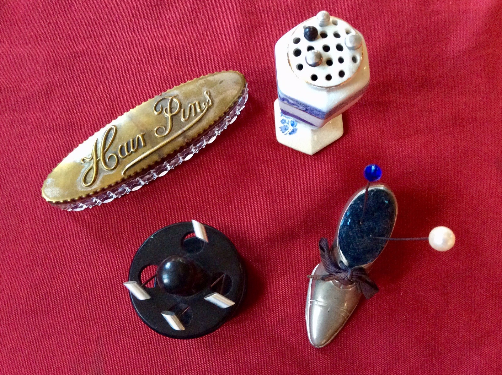 Lot Antique Vintage Pin Cushion,Silver Plate Shoe,Cut Glass Box,Ceramic