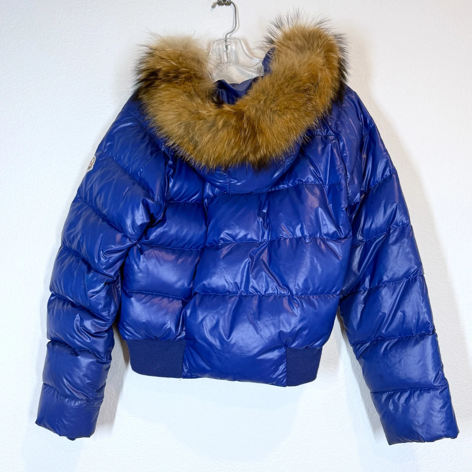 Moncler Alpes Puffer Jacket blu con cappuccio trapuntato piumino vera pelliccia orlo taglia large
