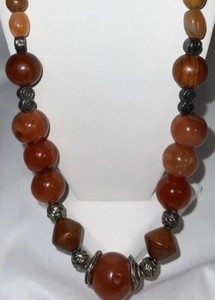 Graduated Chunky Carnelian Beaded Necklace 24” Silver & Wood Beads Gorgeous