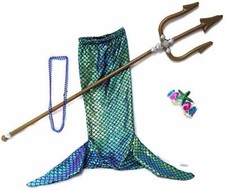 Mermaid Costume Girls Fin Skirt Tiara Crown Trident Beads Dress Up Pretend Play