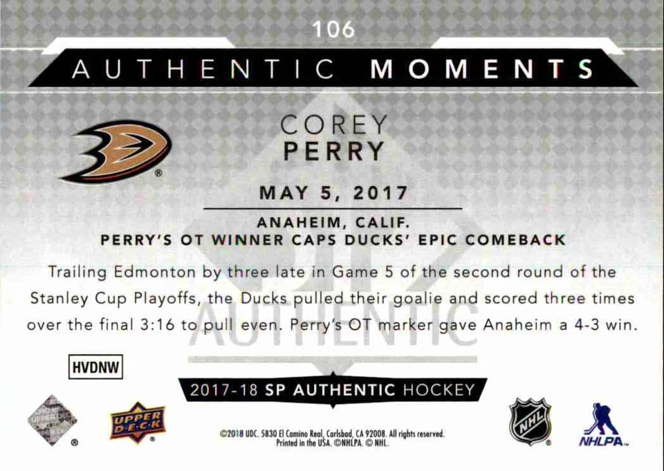 2017-18 Upper Deck SP Authentic Authentic Moments Corey Perry #106 - Image 2 of 2