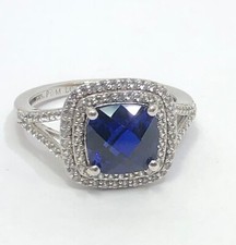 Sterling Silver Lab-Created Blue Sapphire White Sapphire Halo Ring SZ 7.5