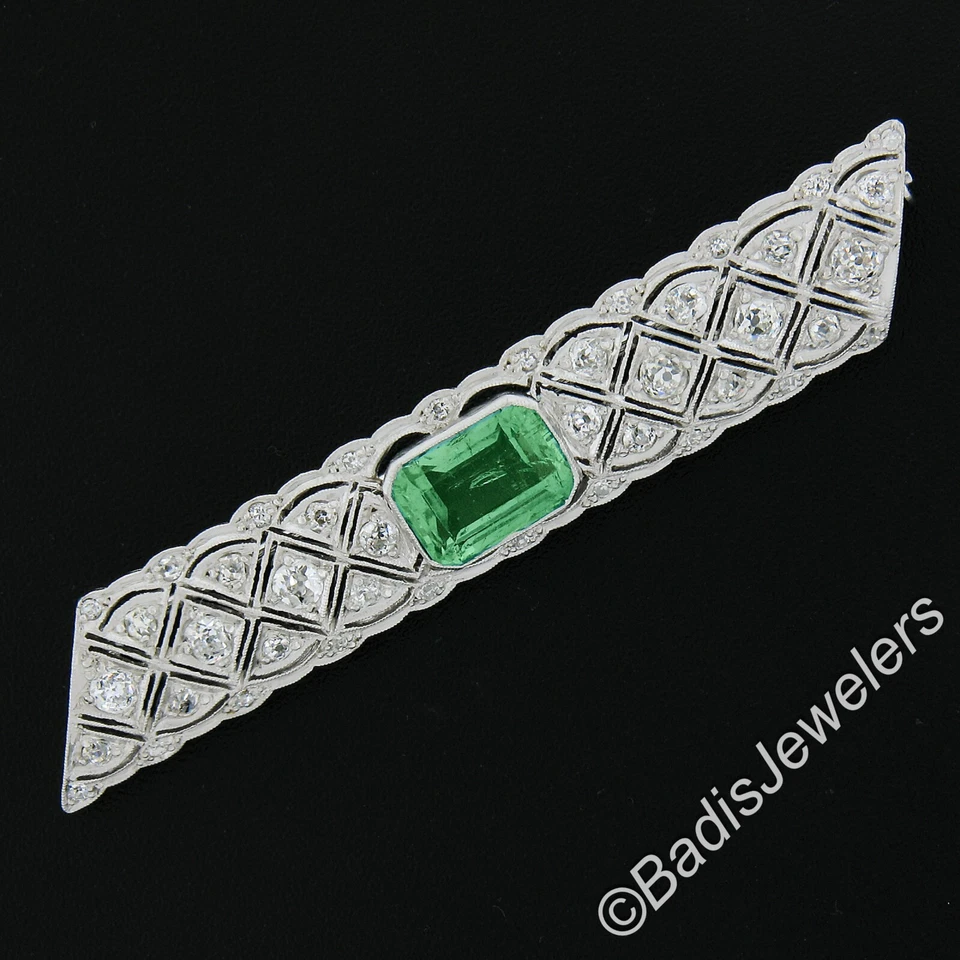 艺术装饰白金 3.68 克拉 GIA 哥伦比亚翡翠钻石条胸针胸针 — 第 3/4 张图片