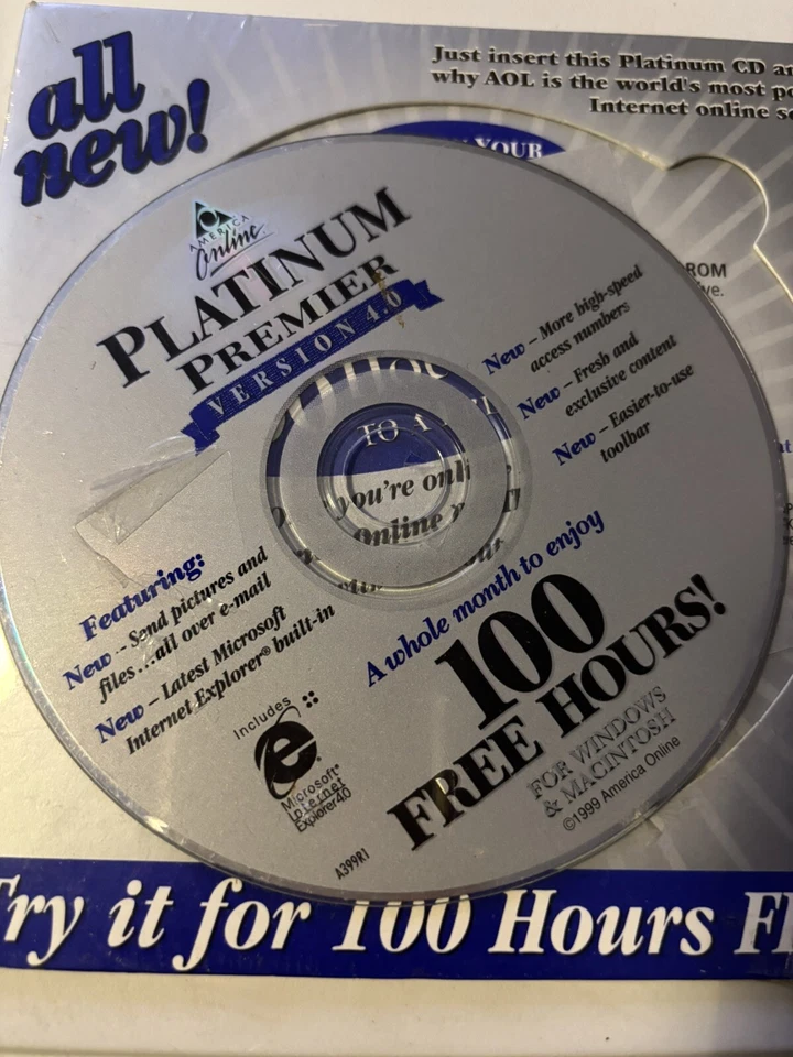 Vintage AOL CD Platinum Version 4.0 100 Free Hours!, Orig. Collectible! - Image 2 of 2