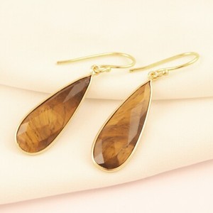 Authentic Natural Brown Tiger's Eye Hook Earring Gold Plated Bezel Set Long Pear Earring