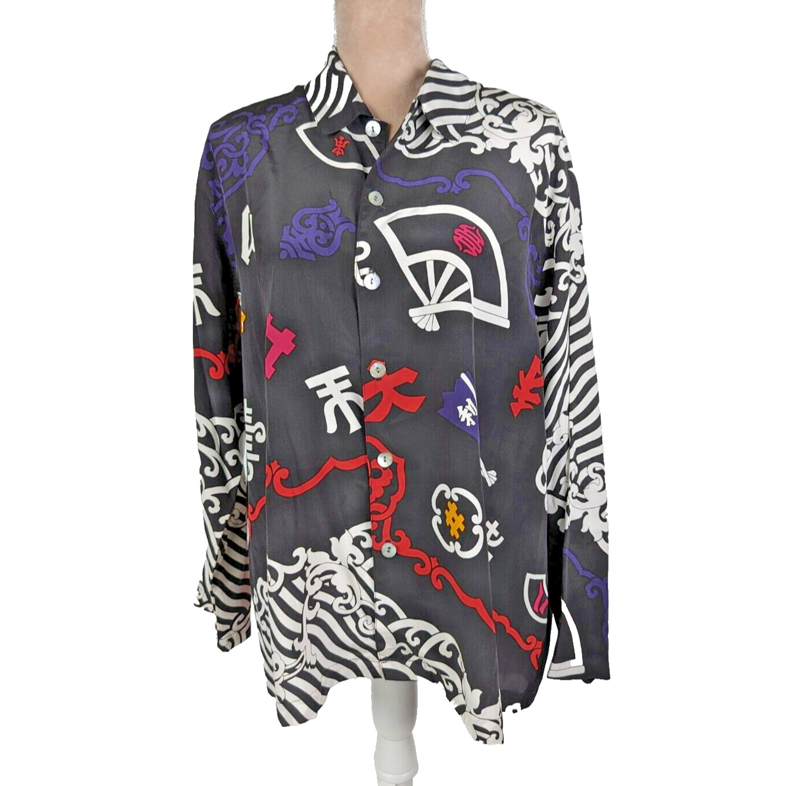 Chico's 100% Silk Blouse Colorful Geometric Asian 90's Top XL Art To Wear