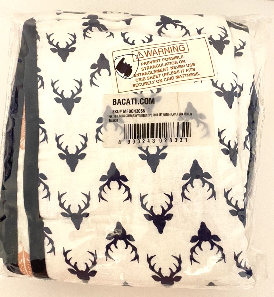 Juego de Ropa de Cama para Cuna Bacati Plumas Buck Coral Azul Marino Manta Sábana Nuevo Paquete Abierto Foto 2 de 4