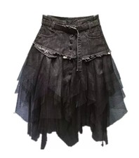 Ladies black Denim Splice Skirt High Waist Asymmetric Frill Tulle Gothic Skirt