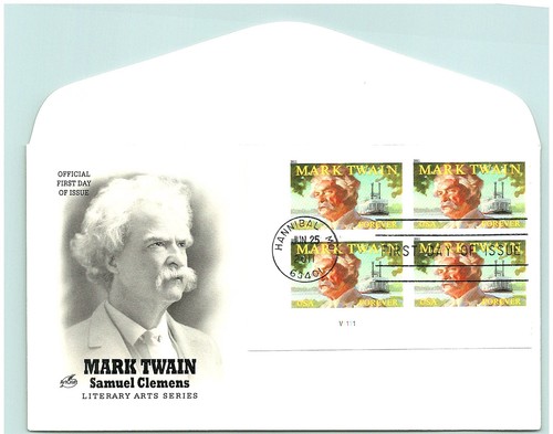 S05-1905, MARK TWAIN (SAMUEL CLEMENS), *PLATE NUMBER BLOCK, ARTCRAFT FDC