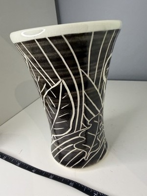 Signed Elinor Studio Pottery Vase Black & White Sgraffito Leaf Design Hand Throw