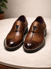 Tailor Hand Made Luxury Handcrafted Burnished Brown Leather Monk Strap Shoes