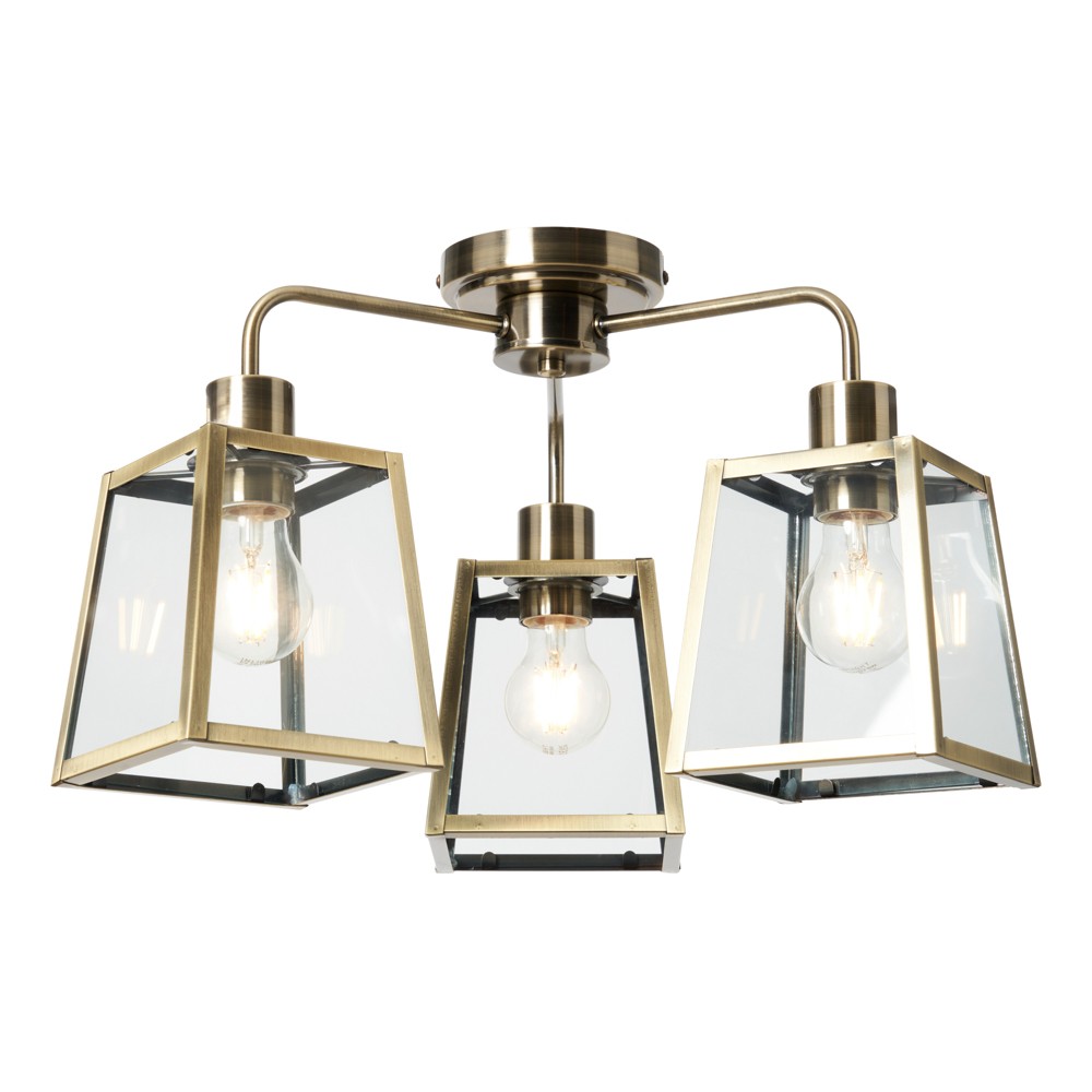 Litecraft Emery Antique Brass Ceiling Light Industrial Styled Semi Flush 3 Arm