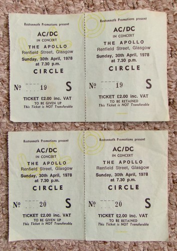 AC/DC - Glasgow Apollo 30th April 1978 - two UN-USED genuine complete tickets