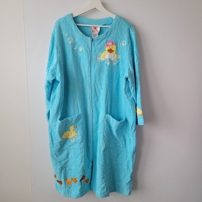 Quacker Factory women's Zip-Front Bright Blue Chenille Robe Rubber Duckies SZ 1X