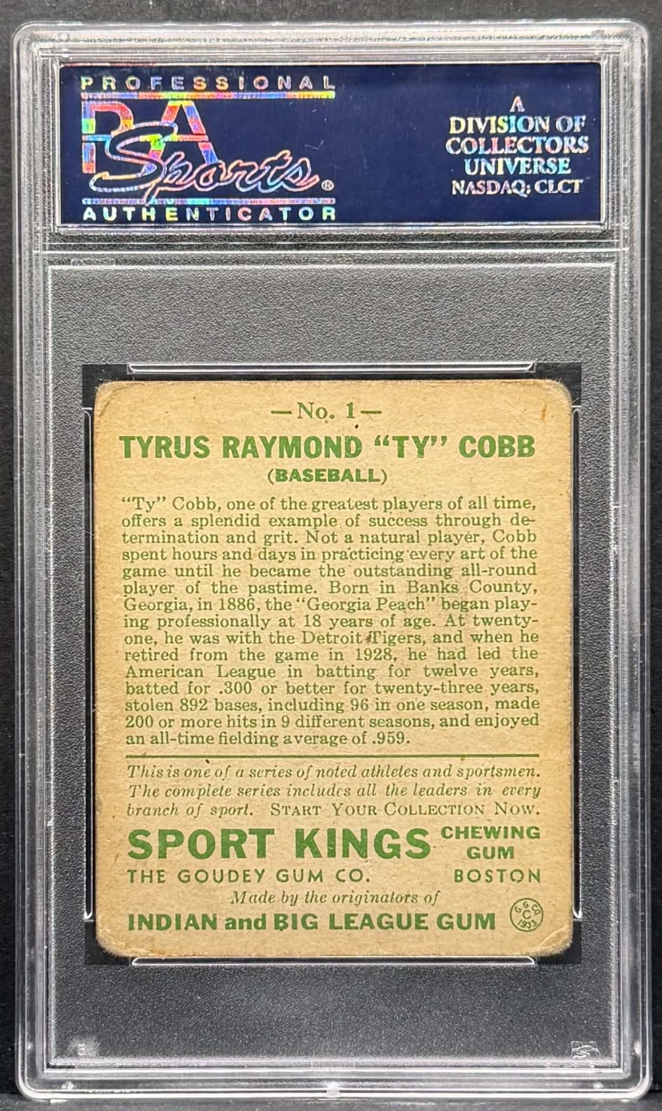 1933 Goudey Sport Kings Gum - Ty Cobb #1 Vintage Baseball Card HOF PSA 2.5 GOOD+ view 2