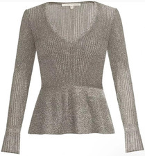 VERONICA BEARD Sweater Esmeralda V-Neck Metallic Ribbed Peplum Pullover Sz XS