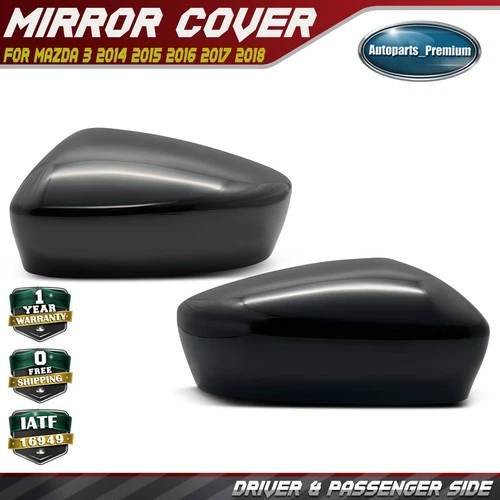 Pair Left & Right Side View Mirror Cover Cap Set Smooth Black for Mazda 3 14-18