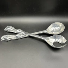 Vintage SET 2 Salad Serving Spoons Flatware Heavy Metal With Shell Details 15”