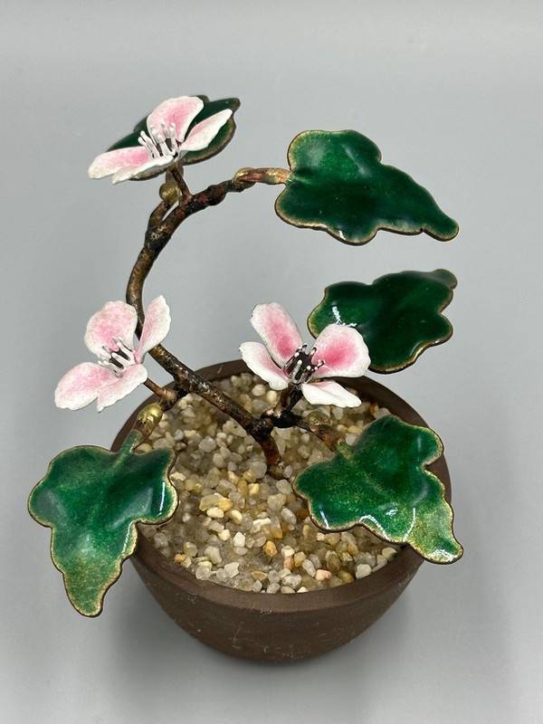 Vtg Bovano of Cheshire Enamel Copper Cherry Blossom Flower Bonsai Sculpture 4"