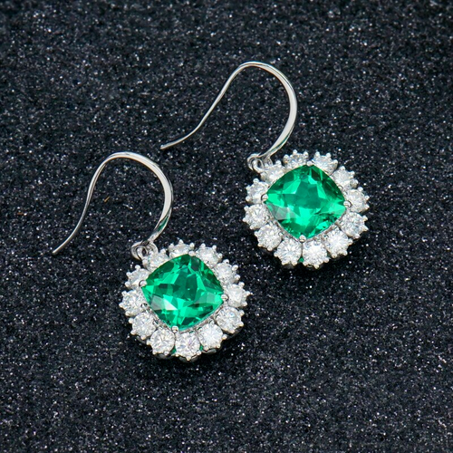 4.0Ct Cushion Simulated Green Emerald Drop/Dangle Earrings 14K White Gold Plated